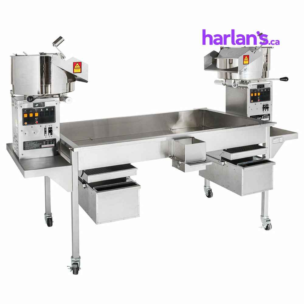 Cretors 48oz Twin Giant Electric Pedestal Popper on 7' Knock Down Table -Item#EG48D1D-R/L-X-PP & TGSXX-CCRCL-PP - Call us for pricing