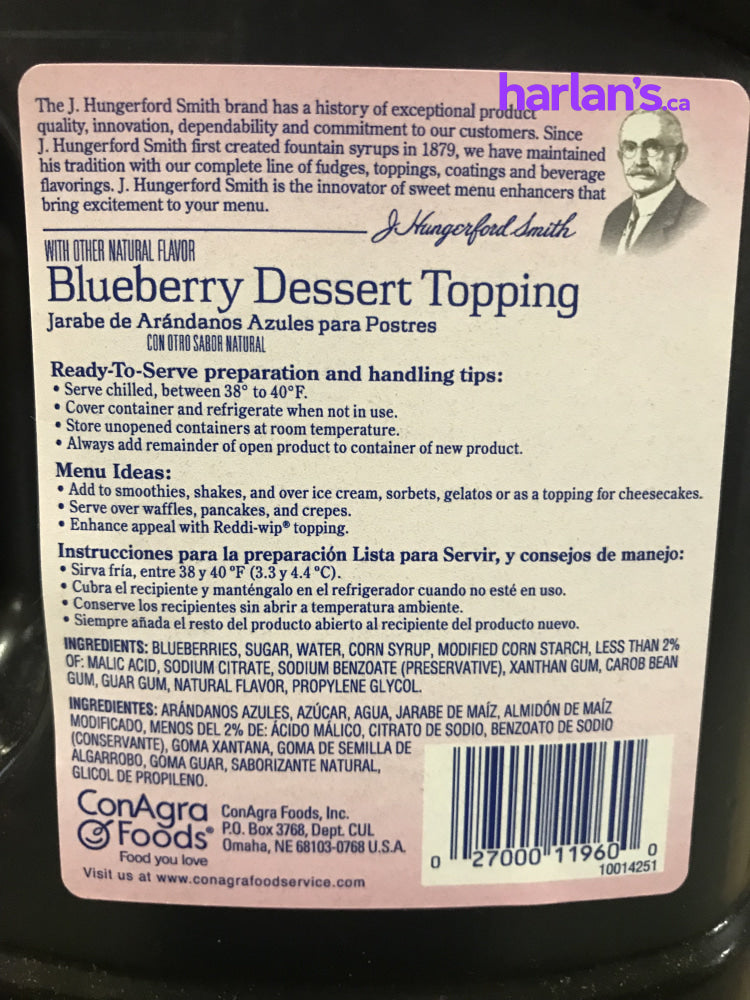 J HUNGERFORD SMITH BLUEBERRY TOPPING - WIDE-MOUTH JUGS - 3 x 100oz -Item#41780 - Harlan Fairbanks Canada