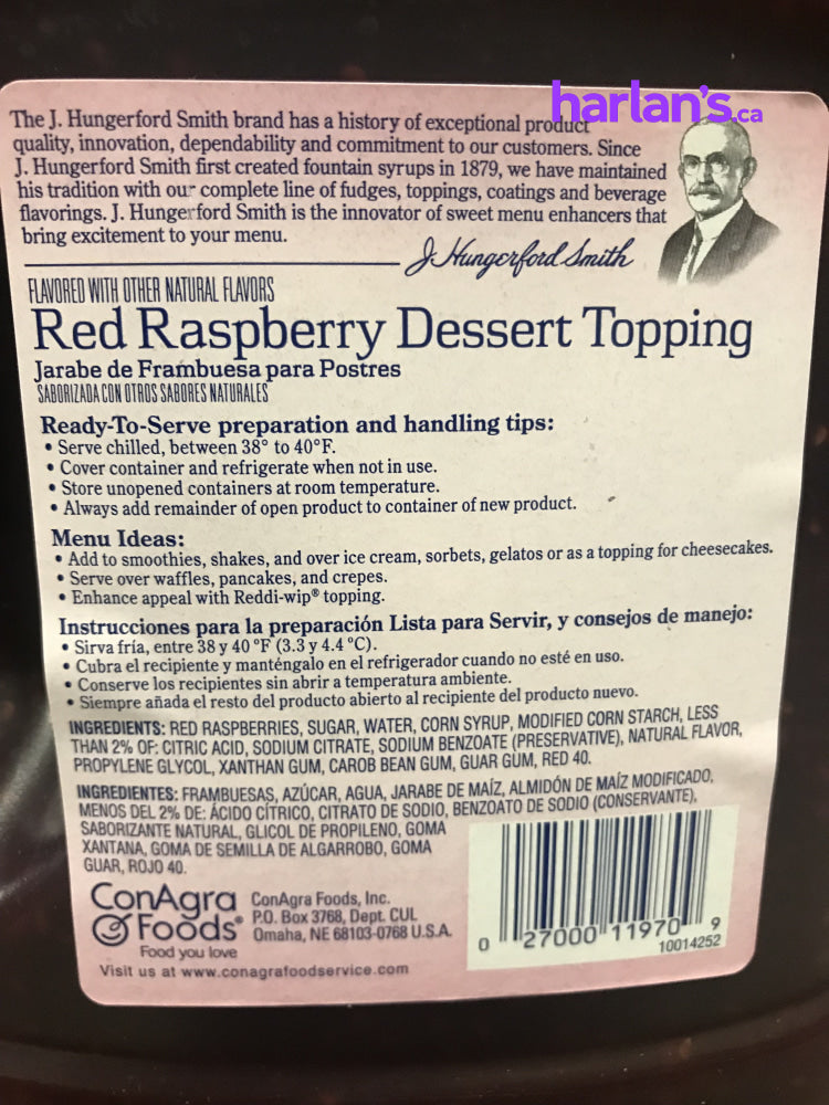 J HUNGERFORD SMITH RED RASPBERRY TOPPING - WIDE-MOUTH JUGS - 3 x 100oz -Item#41787 - Harlan Fairbanks Canada