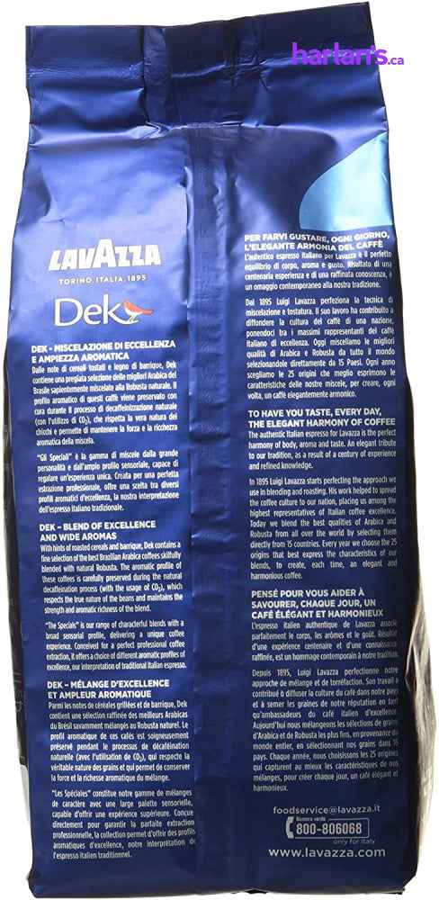 Lavazza DEK Whole Bean Coffee Blend, Decaffeinated Dark Espresso Roast, Case of 12 x 1.1-Pound (.5 KG) Bag -Item#201057